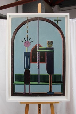 Lot 1158 - Ron Sims (1944-2014) oil on board - Bell Ringers, 1966