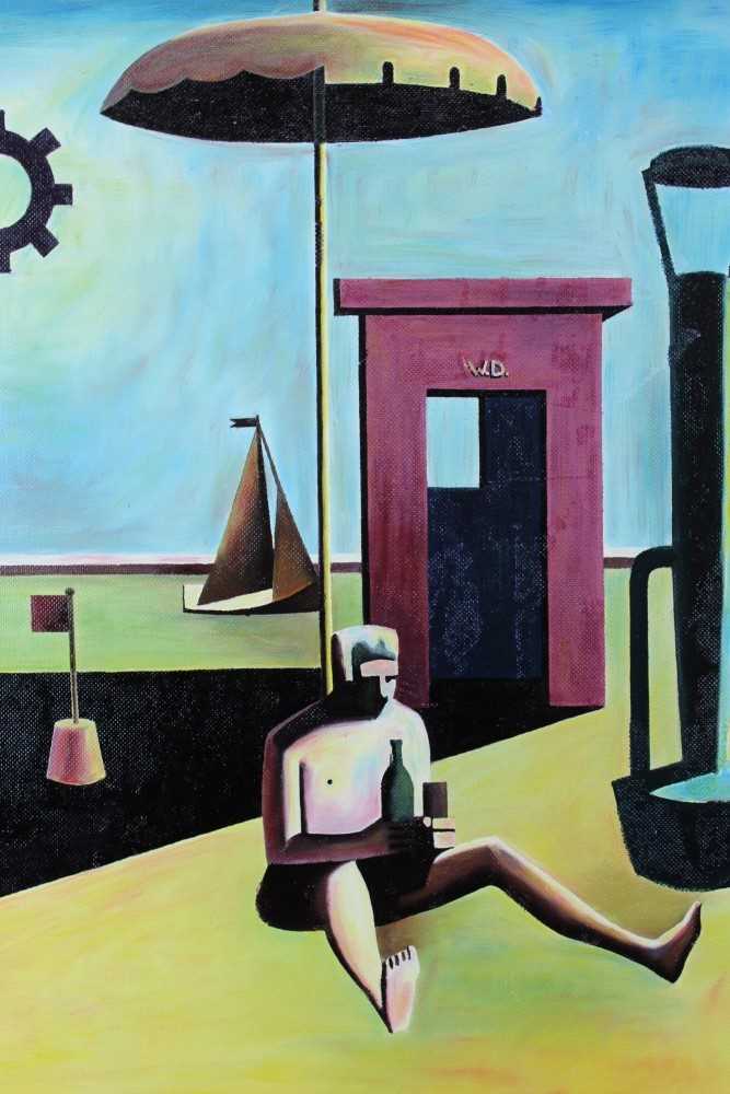 Lot 30 - Ron Sims (1944-2014) oil on board - Drunk umbrella man