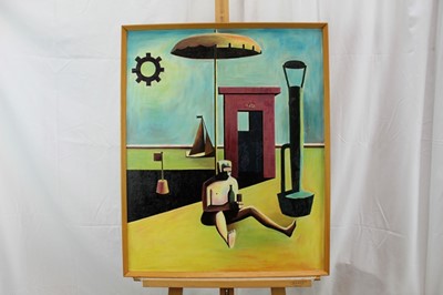 Lot 30 - Ron Sims (1944-2014) oil on board - Drunk umbrella man