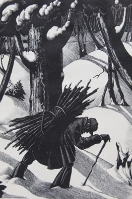 Lot 75 - Clare Leighton - Winter 2/50, black and white woodcut, signed and inscribed in glazed frame, 24cm x 20cm