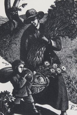 Lot 72 - Clare Leighton - Going to the Festival, 1937, black and white woodcut in glazed frame, 18cm x 12cm