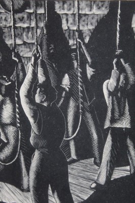Lot 73 - Clare Leighton - Bell Ringers, 1937, black and white woodcut in glazed frame, 13.5cm x 10.5cm
