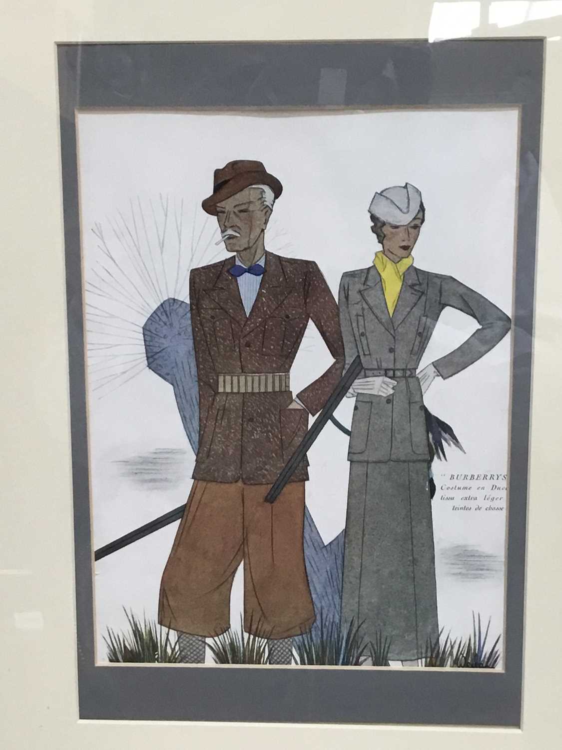 Lot 160 - Burberry's coloured print depicting a stylish shooting couple, in glazed frame, 24cm x 18cm