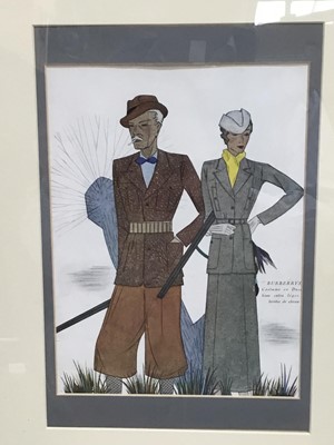 Lot 160 - Burberry's coloured print depicting a stylish shooting couple, in glazed frame, 24cm x 18cm