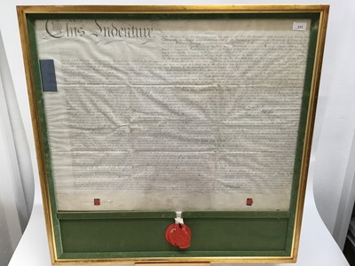 Lot 212 - Of Colchester Interest - an 1820s indenture relating to William Scragg and John Fletcher Mills, with original seal (damaged), dated 1823, in glazed gilt frame, 83cm x 84cm