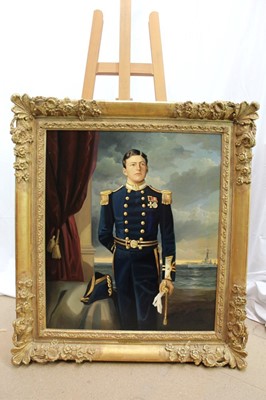 Lot 964 - Andre De Moller (b.1942) oil on canvas - portrait of Lt. David Beatty, R.N., signed, further signed and titled verso, in good gilt frame, 77cm x 67cm