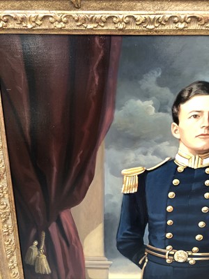 Lot 964 - Andre De Moller (b.1942) oil on canvas - portrait of Lt. David Beatty, R.N., signed, further signed and titled verso, in good gilt frame, 77cm x 67cm