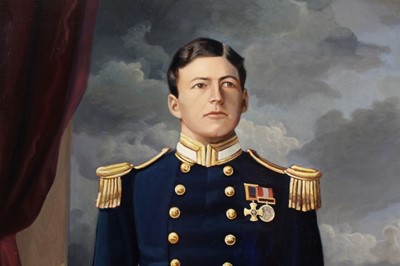 Lot 964 - Andre De Moller (b.1942) oil on canvas - portrait of Lt. David Beatty, R.N., signed, further signed and titled verso, in good gilt frame, 77cm x 67cm