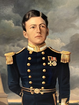 Lot 964 - Andre De Moller (b.1942) oil on canvas - portrait of Lt. David Beatty, R.N., signed, further signed and titled verso, in good gilt frame, 77cm x 67cm