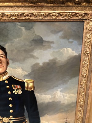 Lot 964 - Andre De Moller (b.1942) oil on canvas - portrait of Lt. David Beatty, R.N., signed, further signed and titled verso, in good gilt frame, 77cm x 67cm