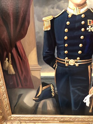 Lot 964 - Andre De Moller (b.1942) oil on canvas - portrait of Lt. David Beatty, R.N., signed, further signed and titled verso, in good gilt frame, 77cm x 67cm