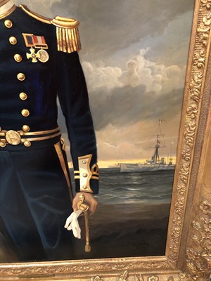 Lot 964 - Andre De Moller (b.1942) oil on canvas - portrait of Lt. David Beatty, R.N., signed, further signed and titled verso, in good gilt frame, 77cm x 67cm