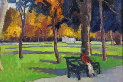 Lot 200 - David Britton, contemporary, oil on board - October in Clissold Park, signed, framed, 32cm x 42cm