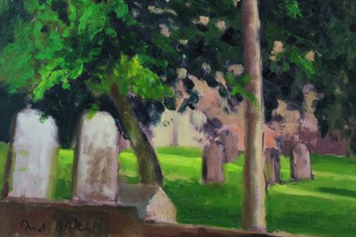 Lot 198 - David Britton, contemporary, oil on board - West Mersea Churchyard, signed, framed, 44cm x 58cm