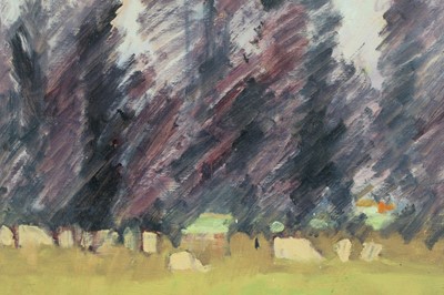 Lot 199 - David Britton, contemporary, oil on board - Graveyard Trees, signed, framed, 35cm x 39cm