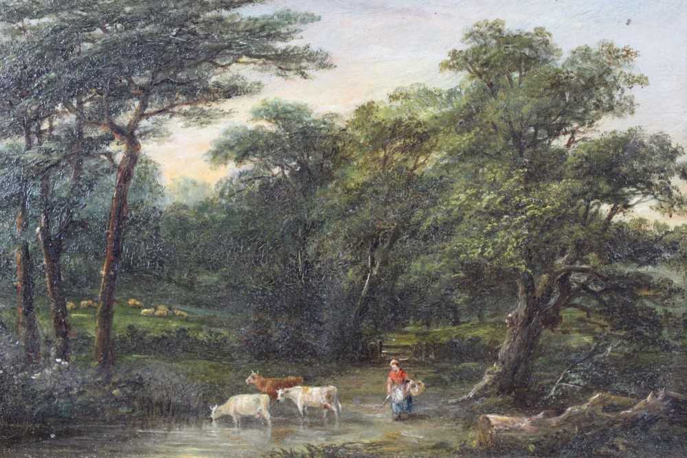 Lot 1194 - Robert Burrows oil on panel - cattle watering, signed, in gilt frame