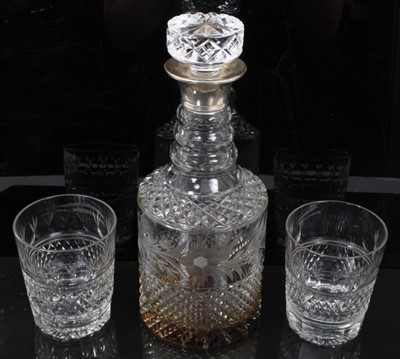 Lot 89 - Silver mounted cut glass decanter and pair of brandy glasses