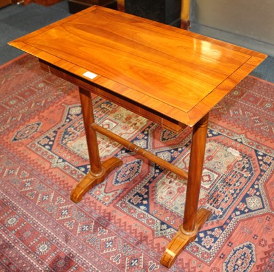 Lot 873 - 19th century Biedermeier satinwood side table with crossbanded top, frieze drawer on turned colomn supports and scroll end standards 72 cm wide