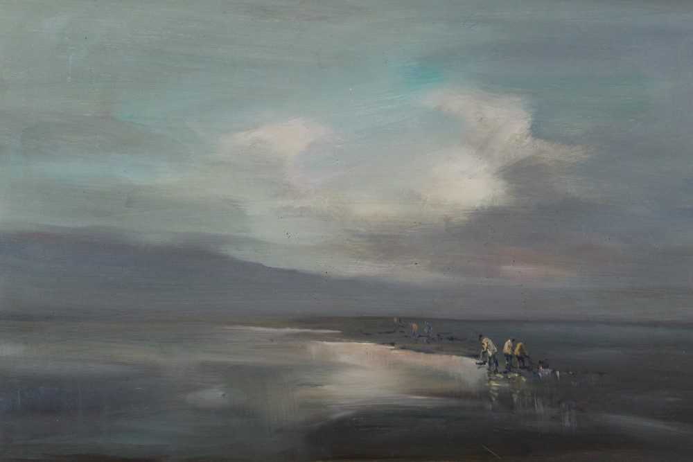 Lot 1143 - Jack Cox (1914-2007) oil on board - cockle pickers, framed, 45cm x 71cm, together with a watercolour by Cox, Low Tide, in glazed frame, 24cm x 35cm