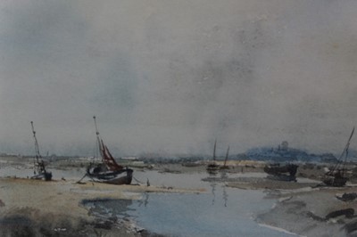 Lot 1143 - Jack Cox (1914-2007) oil on board - cockle pickers, framed, 45cm x 71cm, together with a watercolour by Cox, Low Tide, in glazed frame, 24cm x 35cm