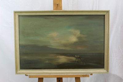 Lot 1143 - Jack Cox (1914-2007) oil on board - cockle pickers, framed, 45cm x 71cm, together with a watercolour by Cox, Low Tide, in glazed frame, 24cm x 35cm