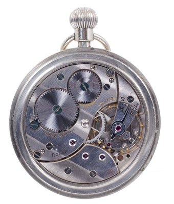 Lot 587 - British military Rolex pocket watch, the circular white enamel dial with black enamel Arabic numerals, outer minutes track, subsidiary seconds dial and blued steel hands in nickel case with militar...