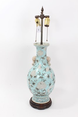 Lot 181 - Chinese porcelain baluster vase, late Qing period, decorated in the Dayazhai style with flowers painted en grisaille, on a turquoise ground, with elephant-head handles, converted to a lamp on a car...