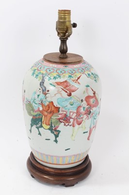 Lot 162 - 19th century Chinese famille rose porcelain jar, decorated with a processional scene, converted to a lamp, the jar measuring 28cm height, the whole measuring 45.5cm height