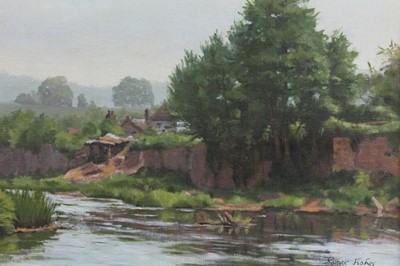Lot 333 - Roger Fisher (1919-1993) oil on board - River Monnow at Monmouth, signed, also signed and dated verso 1980, framed, 24cm x 34cm