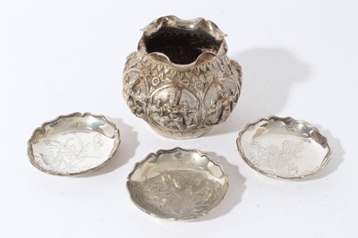 Lot 59 - Group of three early 20th century Chinese Export silver pin dishes of circular form, with engraved decoration, marked on bases for Sing Fat and with character marks.