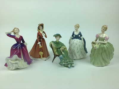 Lot 574 - Five Royal Doulton figures - Clarissa HN2345, Julia HN2705, Melissa HN2467, Alison HN2336 and Ascot HN2356