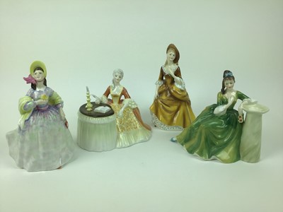 Lot 190 - Four Royal Doulton figures - Meditation HN2330, Secret Thoughts HN2382, Clare HN2793 and Sandra HN2275