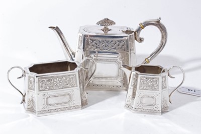 Lot 110 - Victorian silver bachelors tea set comprising teapot of tapered rectangular form with bright cut engraved decoration, hinged cover with silver finial and scroll handle with ivory insulators
