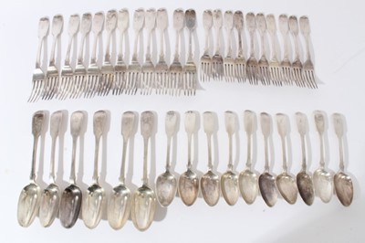 Lot 101 - Victorian silver fiddle pattern flatware comprising twelve dinner forks, ten dessert forks (one silver plated), ten dessert spoons (London 1844) maker probably William Eaton
