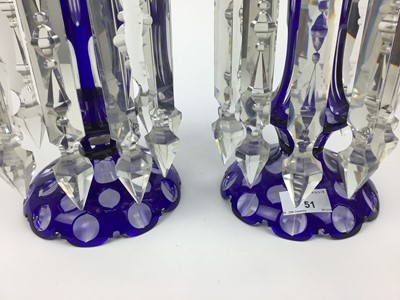 Lot 51 - Pair of late 19th Century Bohemian blue overlaid glass lustres with prismatic drops