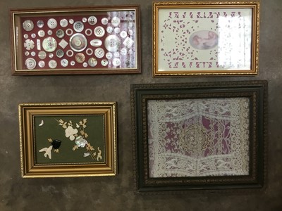 Lot 320 - Group of framed buttons, framed lace, other framed items