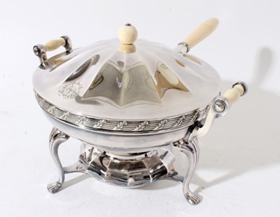 Lot 147 - Early 20th century American silver plated warming dish with ivory handle, push fit cover with ivory ball finial, two handled water container, on stand with integral burner
