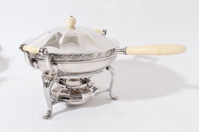 Lot 147 - Early 20th century American silver plated warming dish with ivory handle, push fit cover with ivory ball finial, two handled water container, on stand with integral burner