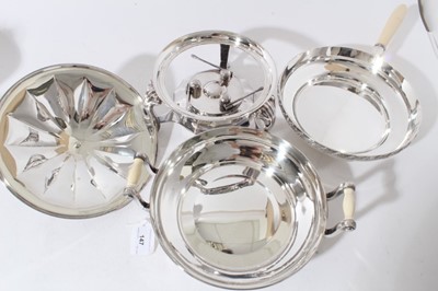 Lot 147 - Early 20th century American silver plated warming dish with ivory handle, push fit cover with ivory ball finial, two handled water container, on stand with integral burner