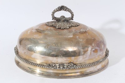 Lot 233 - Victorian plated food George III Old Sheffield Plate serving dome of conventional form with gadrooned border, engraved armorials and central acanthus leaf and scroll handle, interior marked
