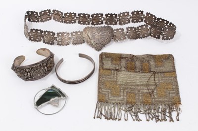 Lot 17 - Silver torque bangle, Eastern silver bangle, plated belt, abstract brooch and vintage beadwork purse