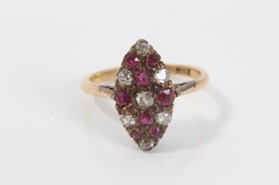 Lot 85 - Victorian 18ct gold ruby and diamond marquise shape cluster ring