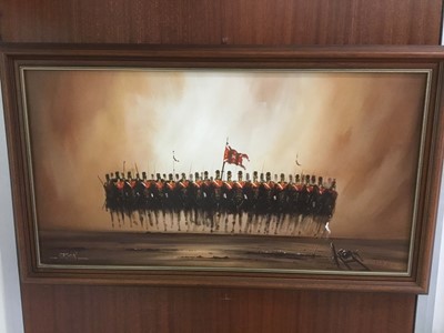 Lot 132 - Jason - late 20th century oil on canvas of dragoons on horsebackj