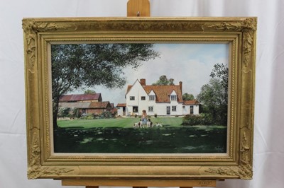 Lot 1101 - *Clive Madgwick, acrylic on canvas, figure and dogs before a farmhouse