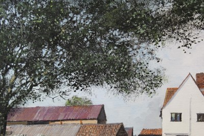 Lot 1101 - *Clive Madgwick, acrylic on canvas, figure and dogs before a farmhouse