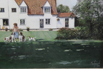 Lot 1101 - *Clive Madgwick, acrylic on canvas, figure and dogs before a farmhouse