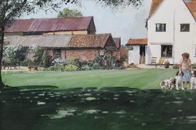 Lot 1101 - *Clive Madgwick, acrylic on canvas, figure and dogs before a farmhouse