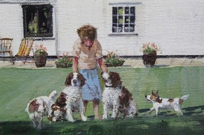 Lot 1101 - *Clive Madgwick, acrylic on canvas, figure and dogs before a farmhouse