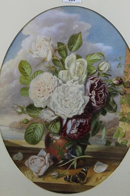 Lot 309 - Innes Withers - watercolour, Still life of flowers and tortoiseshell butterfly before a coast