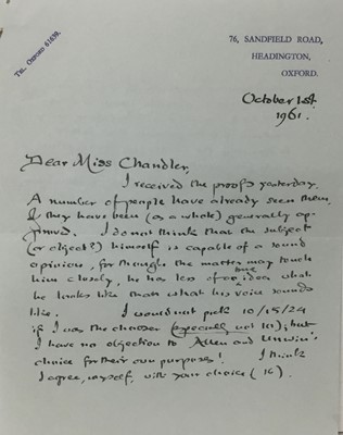Lot 1458 - J. R. R. Tolkien (1892-1973) handwritten letter to Pamela Chandler, double sided, signed and dated 1961: 'Dear Miss Chandler, I received the proofs yesterday. A number of people have already seen t...